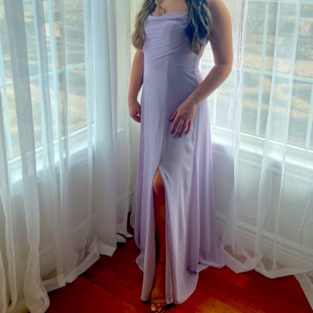 David’s Bridal: Lavender Purple Formal Dress. Cowl Neck Chiffon Dress in iris